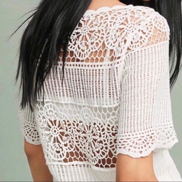 ANTHROPOLOGIE JAMES COVIELLO White Lace Crochet Sheer Short Sleeve Top medium - Picture 4 of 9